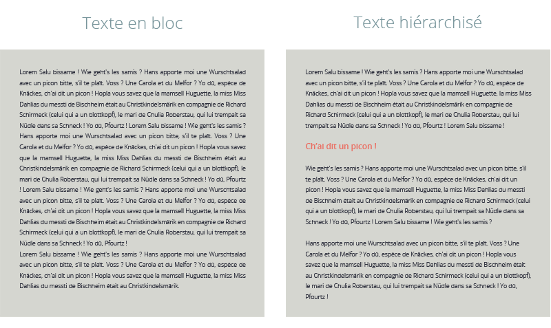 Un bloc de texte justifié à gauche, un bloc hiérarchisé à droite