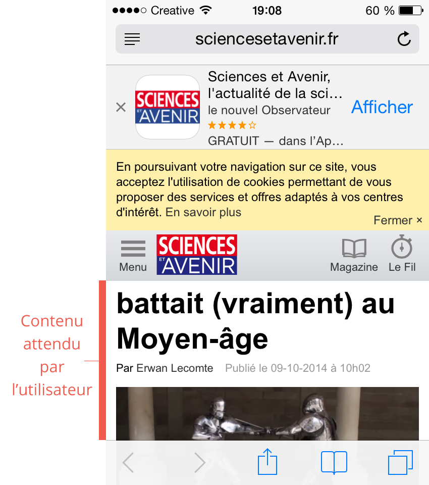 Illustration avec le site Sciences et Avenir qui propose un espace de lecture inférieur à 30% de la hauteur de l'écran.